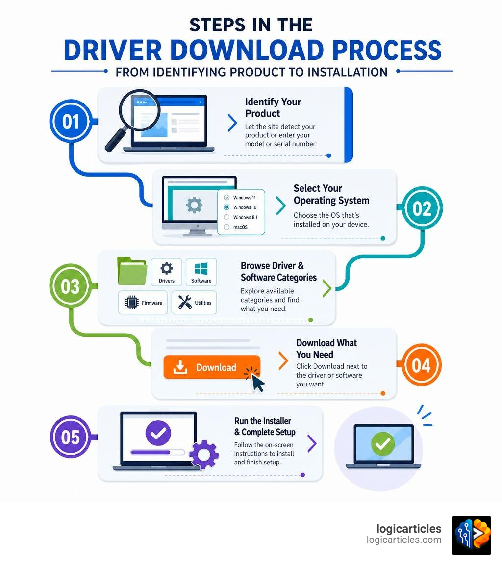 Steps in the HP driver download process from identifying product to installation infographic Steps in the HP driver download process from identifying product to installation infographic