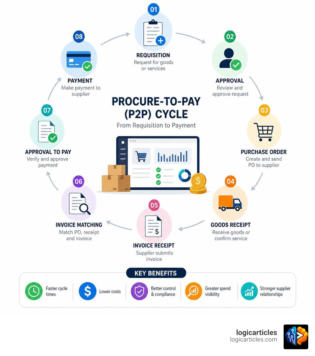 Procure-to-Pay cycle infographic showing steps from requisition to payment with key software players infographic Procure-to-Pay cycle infographic showing steps from requisition to payment with key software players infographic