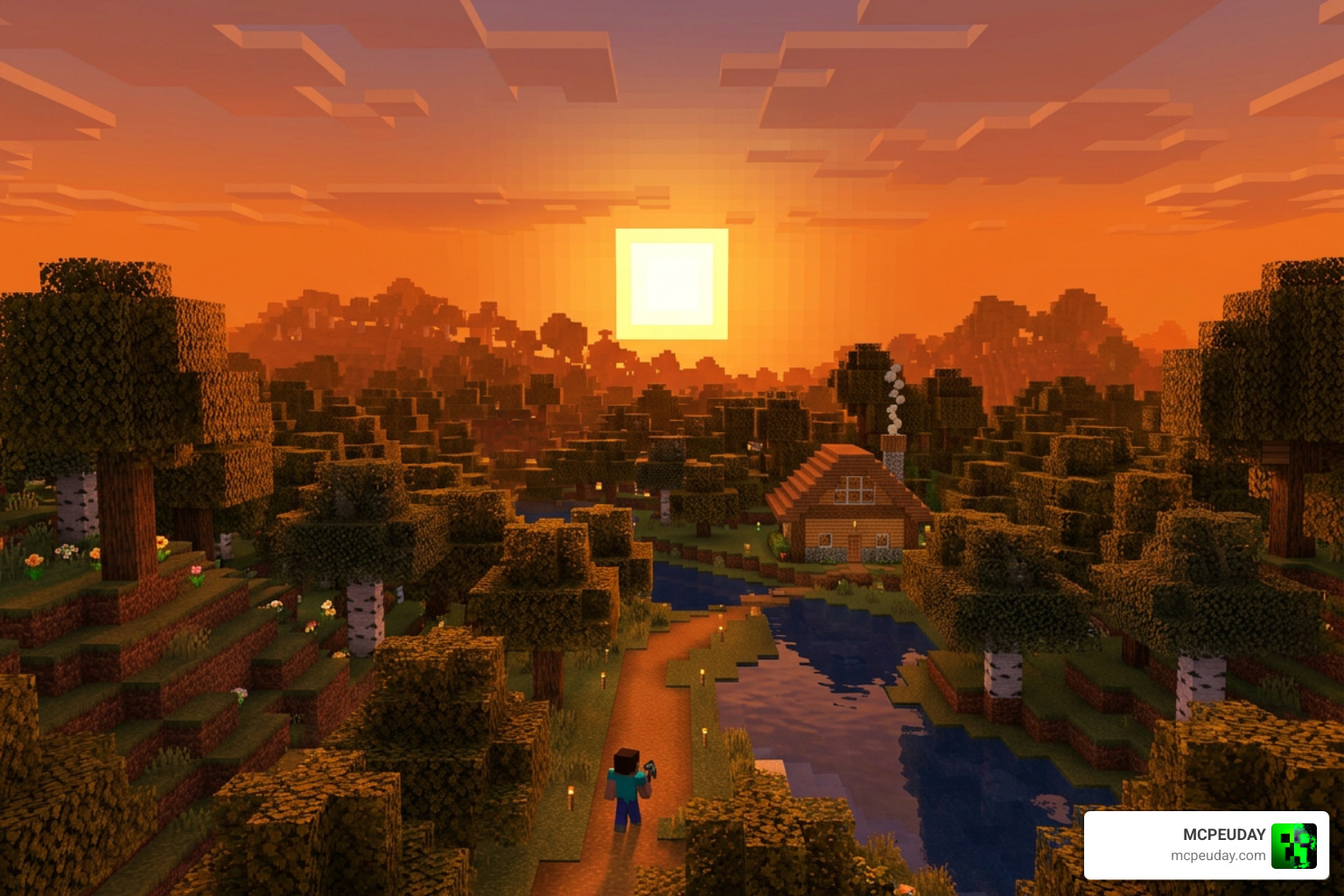 Minecraft sunset casting a warm orange glow over a pixelated forest Minecraft sunset casting a warm orange glow over a pixelated forest