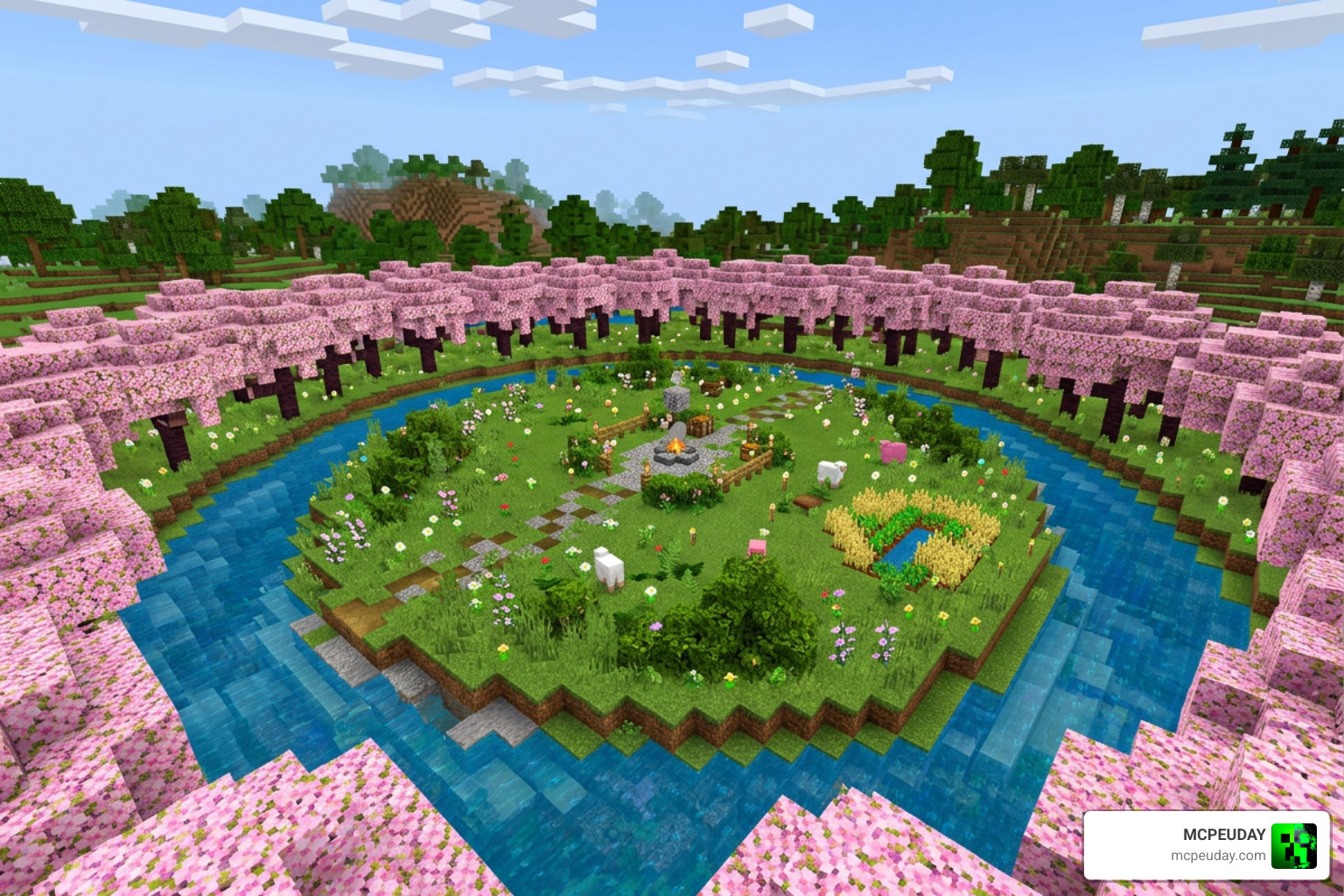 Stunning cherry blossom grove encircling a meadow island spawn Stunning cherry blossom grove encircling a meadow island spawn