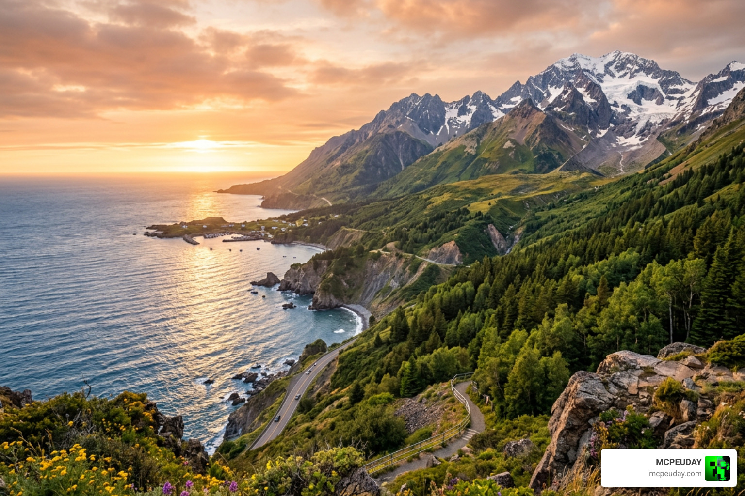 A scenic multi-biome mountain range overlooking the ocean A scenic multi-biome mountain range overlooking the ocean
