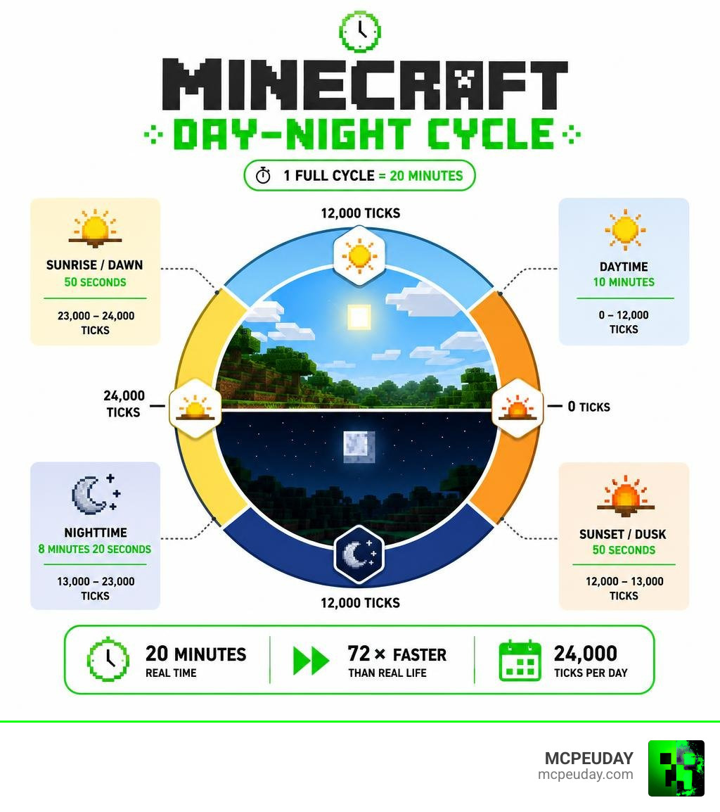 Infographic showing Minecraft 20-minute day-night cycle with tick values and phase durations infographic Infographic showing Minecraft 20-minute day-night cycle with tick values and phase durations infographic