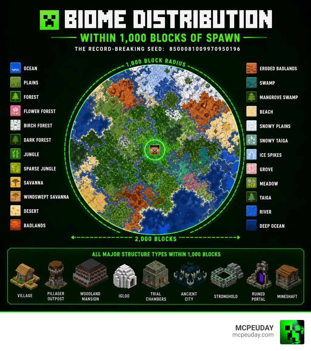 Infographic showing biome distribution within 1,000 blocks of spawn on the record-breaking seed infographic Infographic showing biome distribution within 1,000 blocks of spawn on the record-breaking seed infographic