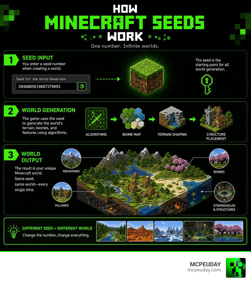 How Minecraft seeds work: seed number input, world generation output, structure and biome placement explained infographic How Minecraft seeds work: seed number input, world generation output, structure and biome placement explained infographic
