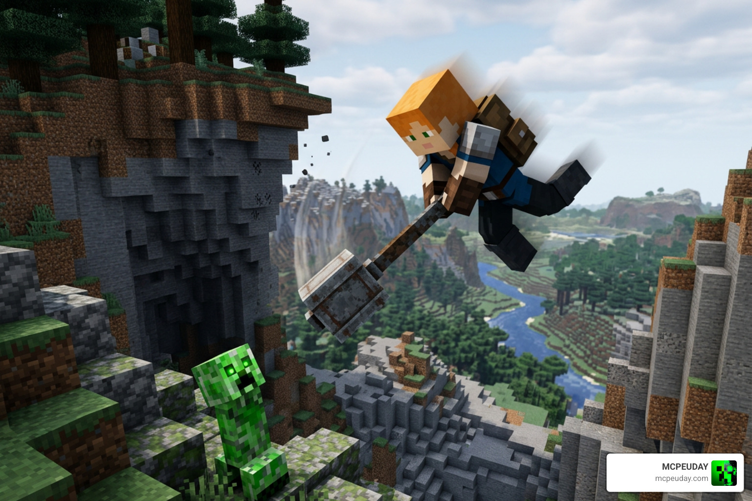 A player falling from a high ledge to strike an enemy mob with a mace A player falling from a high ledge to strike an enemy mob with a mace