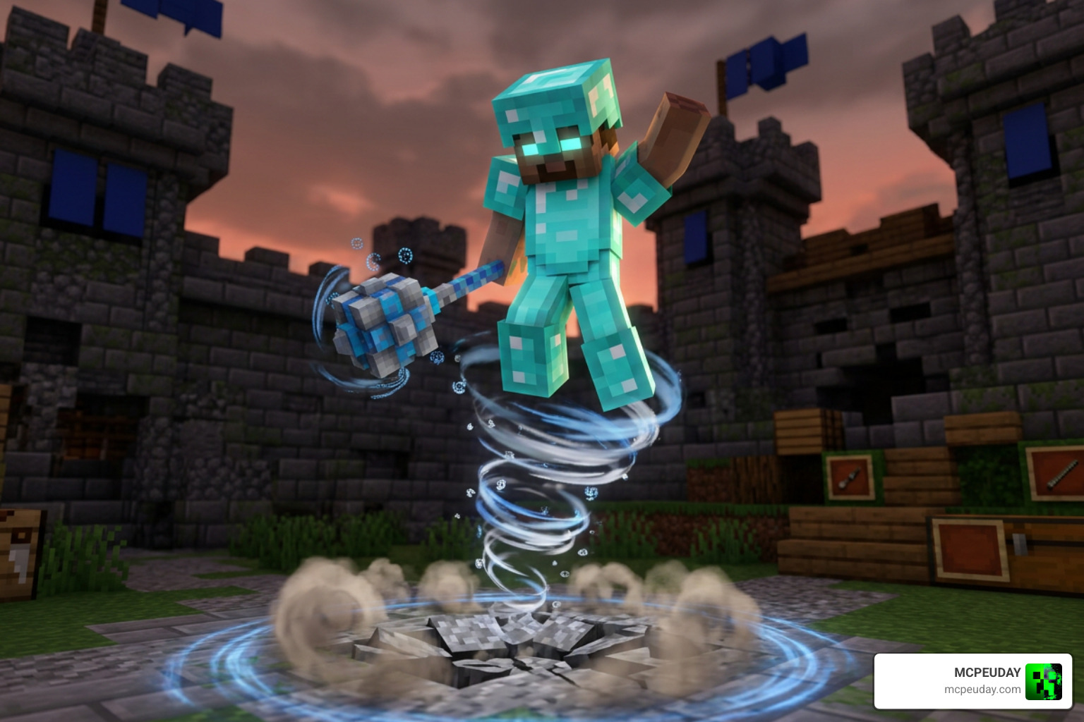 A player bouncing high into the air using the Wind Burst enchantment on a mace A player bouncing high into the air using the Wind Burst enchantment on a mace