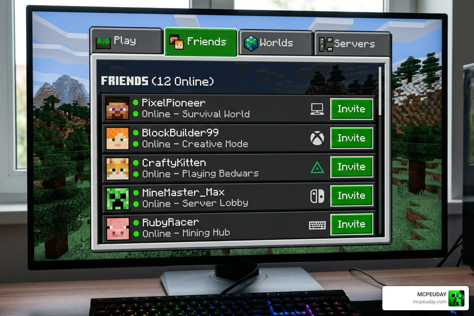Minecraft friends tab menu showing active cross-platform friends Minecraft friends tab menu showing active cross-platform friends