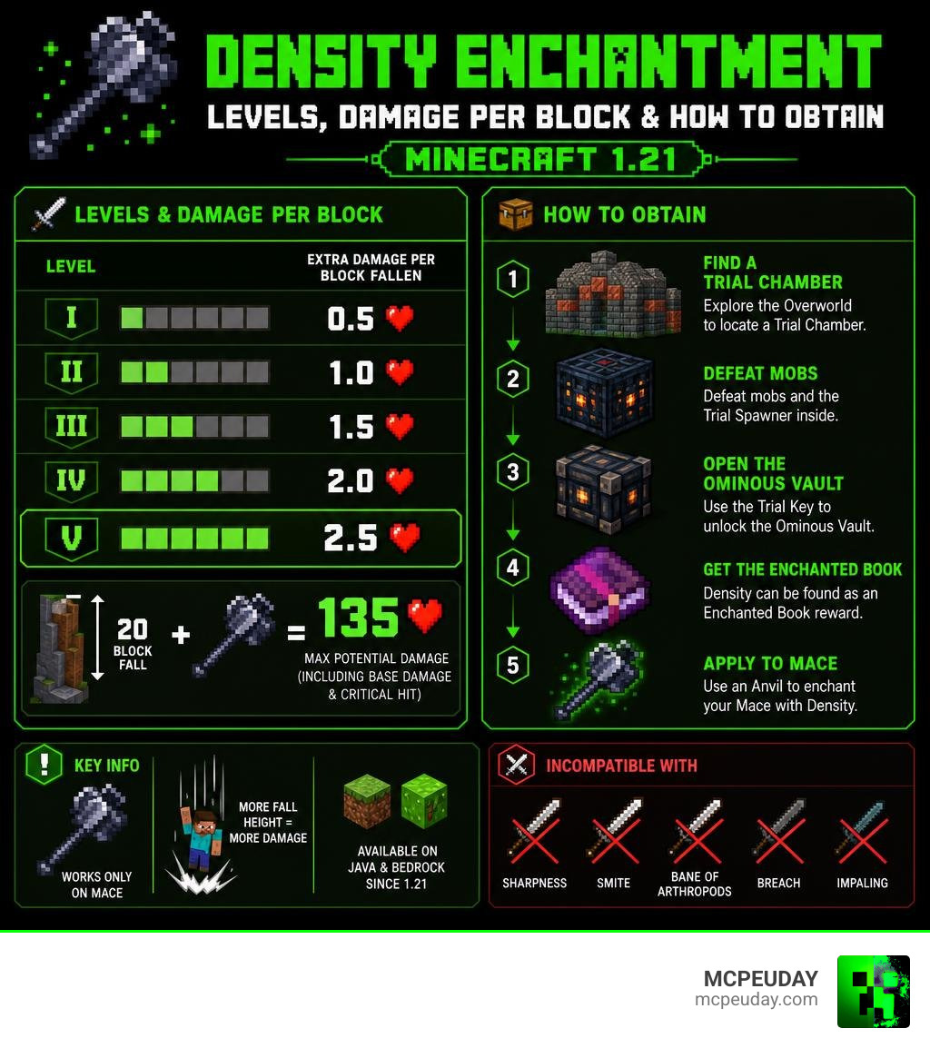 Density enchantment levels, damage per block, and how to obtain it in Minecraft 1.21 infographic Density enchantment levels, damage per block, and how to obtain it in Minecraft 1.21 infographic