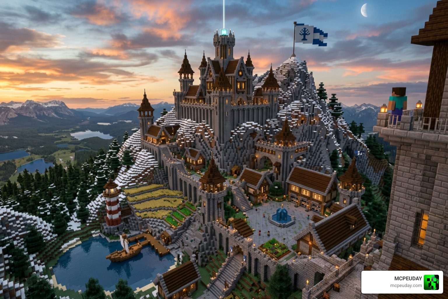 A grand Minecraft survival base built on a mountain top A grand Minecraft survival base built on a mountain top