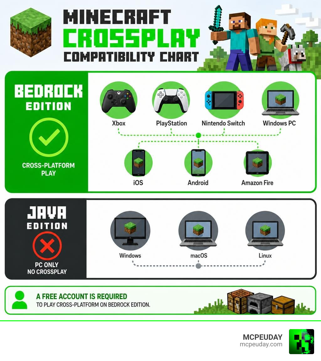 Minecraft crossplay compatibility chart showing Bedrock vs Java platform support infographic Minecraft crossplay compatibility chart showing Bedrock vs Java platform support infographic