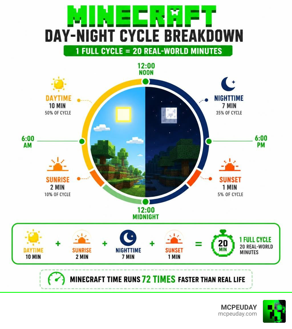 Minecraft day-night cycle breakdown infographic showing daytime nighttime sunrise sunset durations and real-world time Minecraft day-night cycle breakdown infographic showing daytime nighttime sunrise sunset durations and real-world time