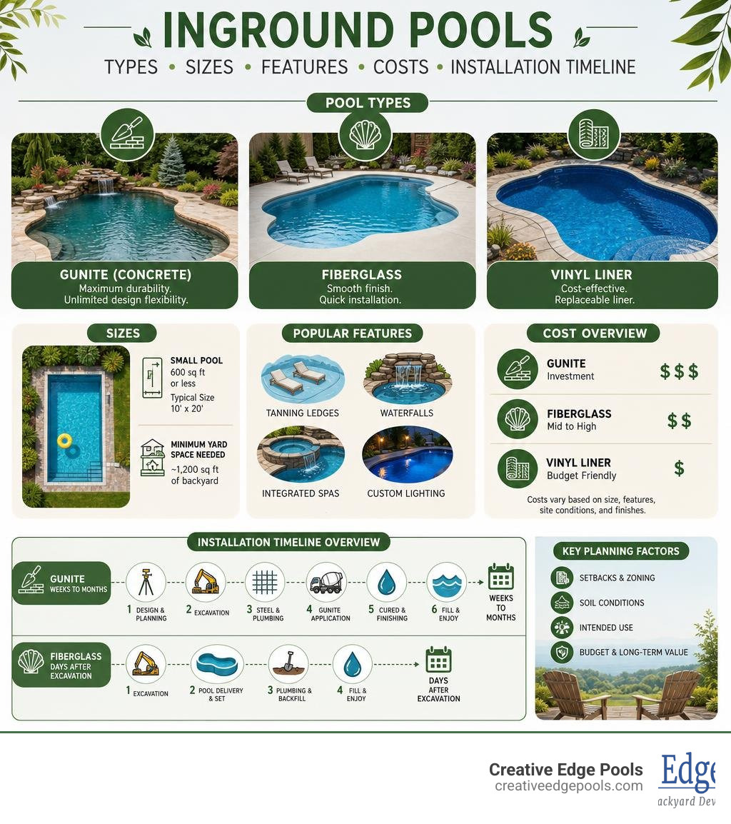 Infographic showing inground pool types, sizes, features, costs, and installation timeline overview infographic