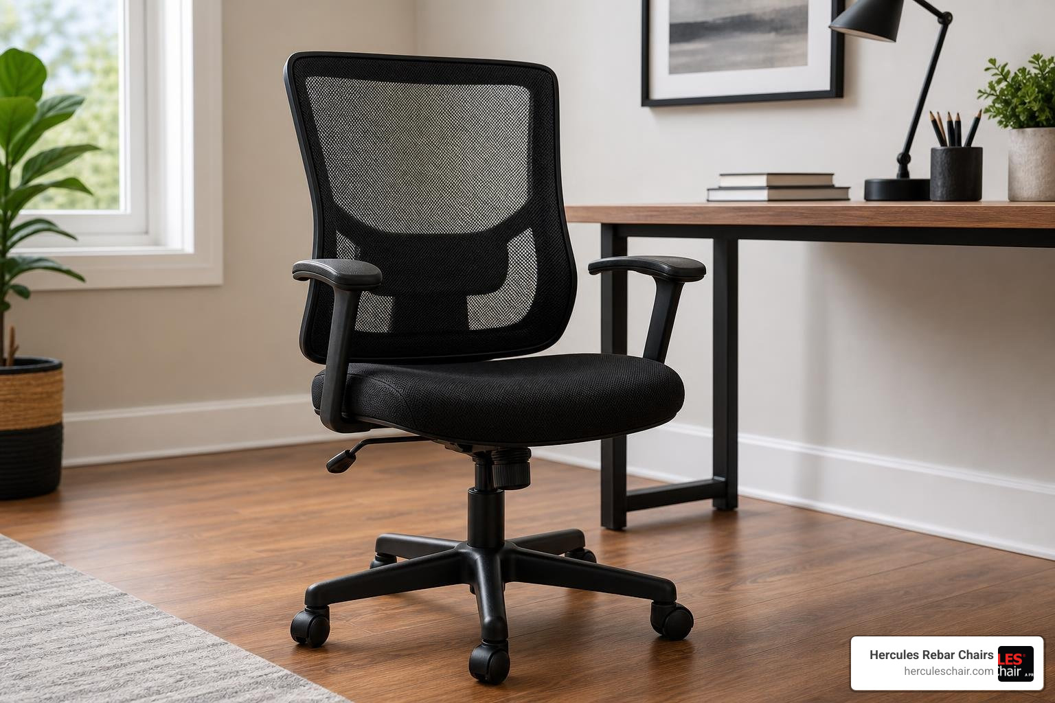 sleek black mesh chair on a hardwood floor