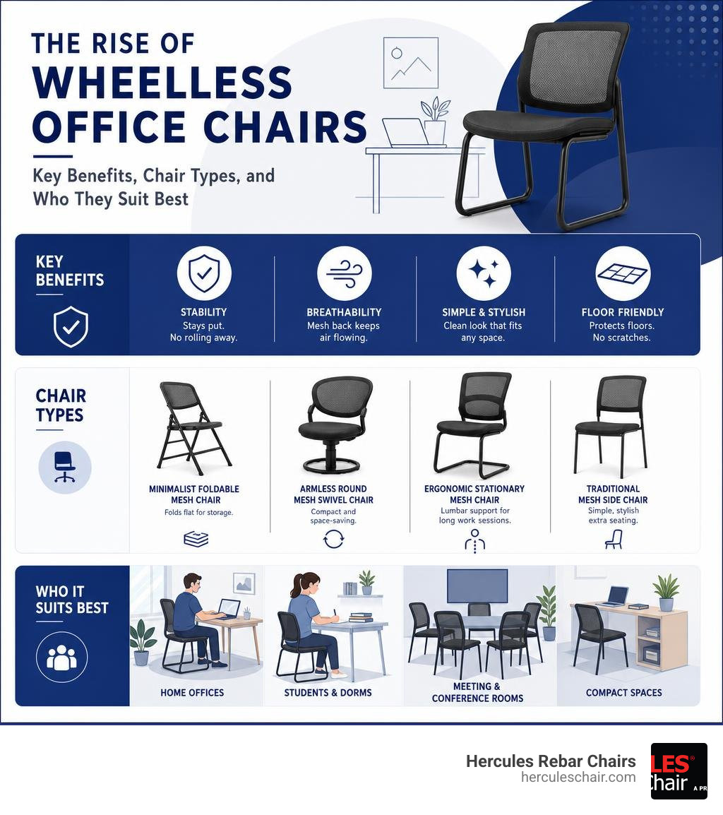 Infographic showing rise of wheelless office chairs: key benefits, chair types, and who they suit best infographic