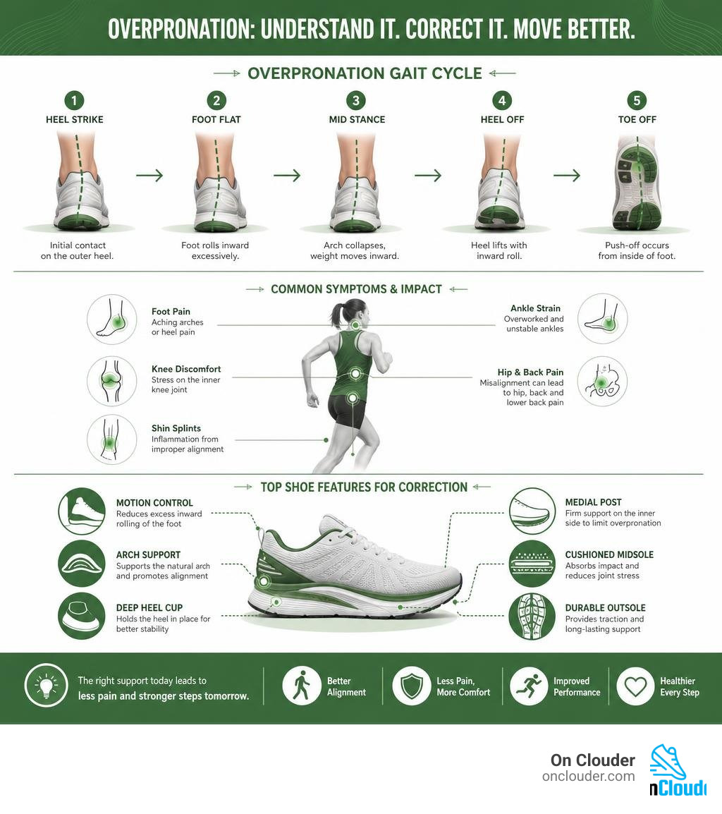 Infographic showing overpronation gait cycle, symptoms, and top shoe features for correction infographic
