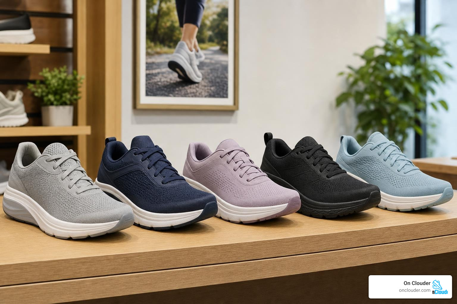 A selection of the best women's overpronation walking shoes lined up