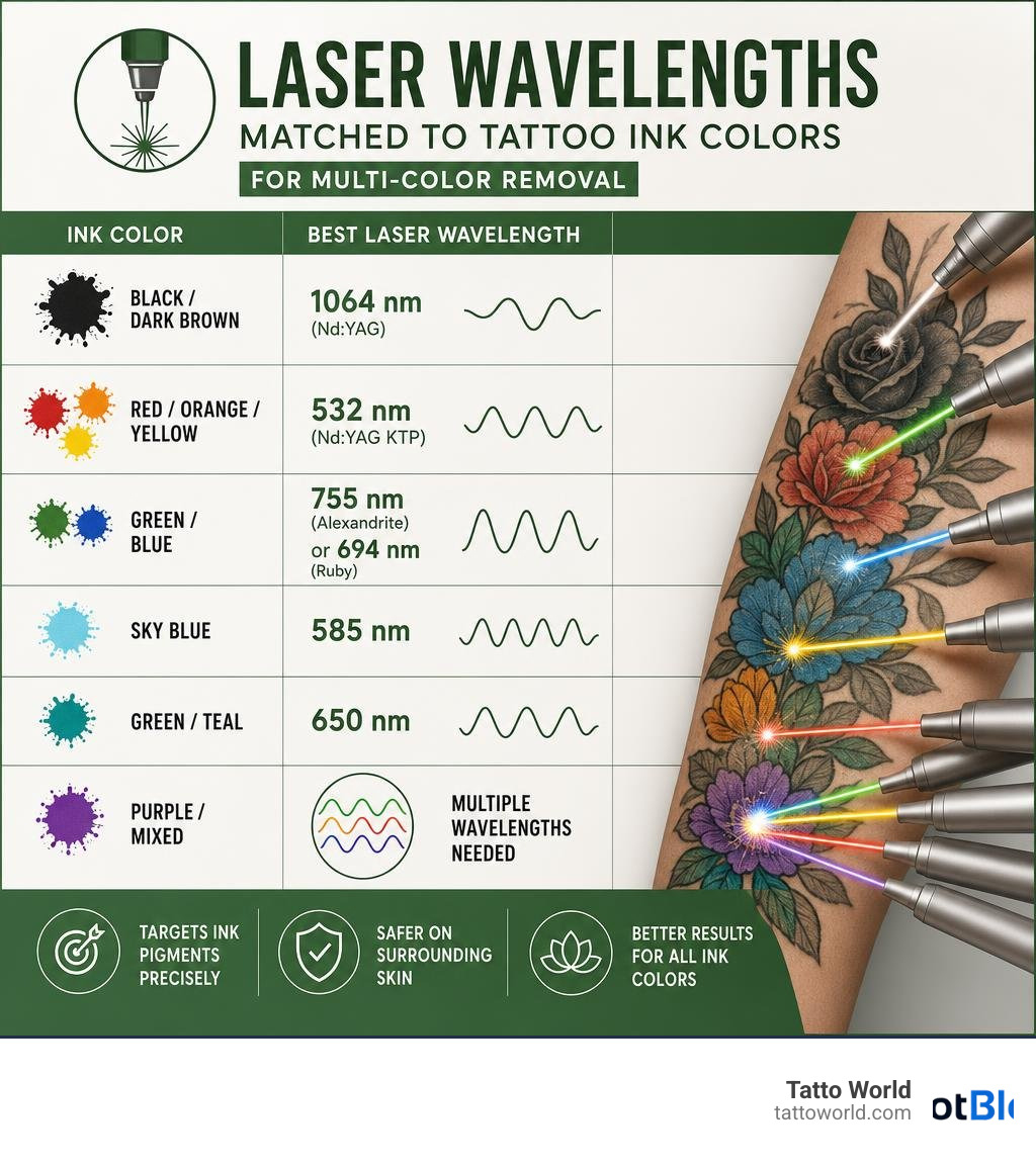 infographic showing laser wavelengths matched to tattoo ink colors for multi-color removal infographic infographic showing laser wavelengths matched to tattoo ink colors for multi-color removal infographic