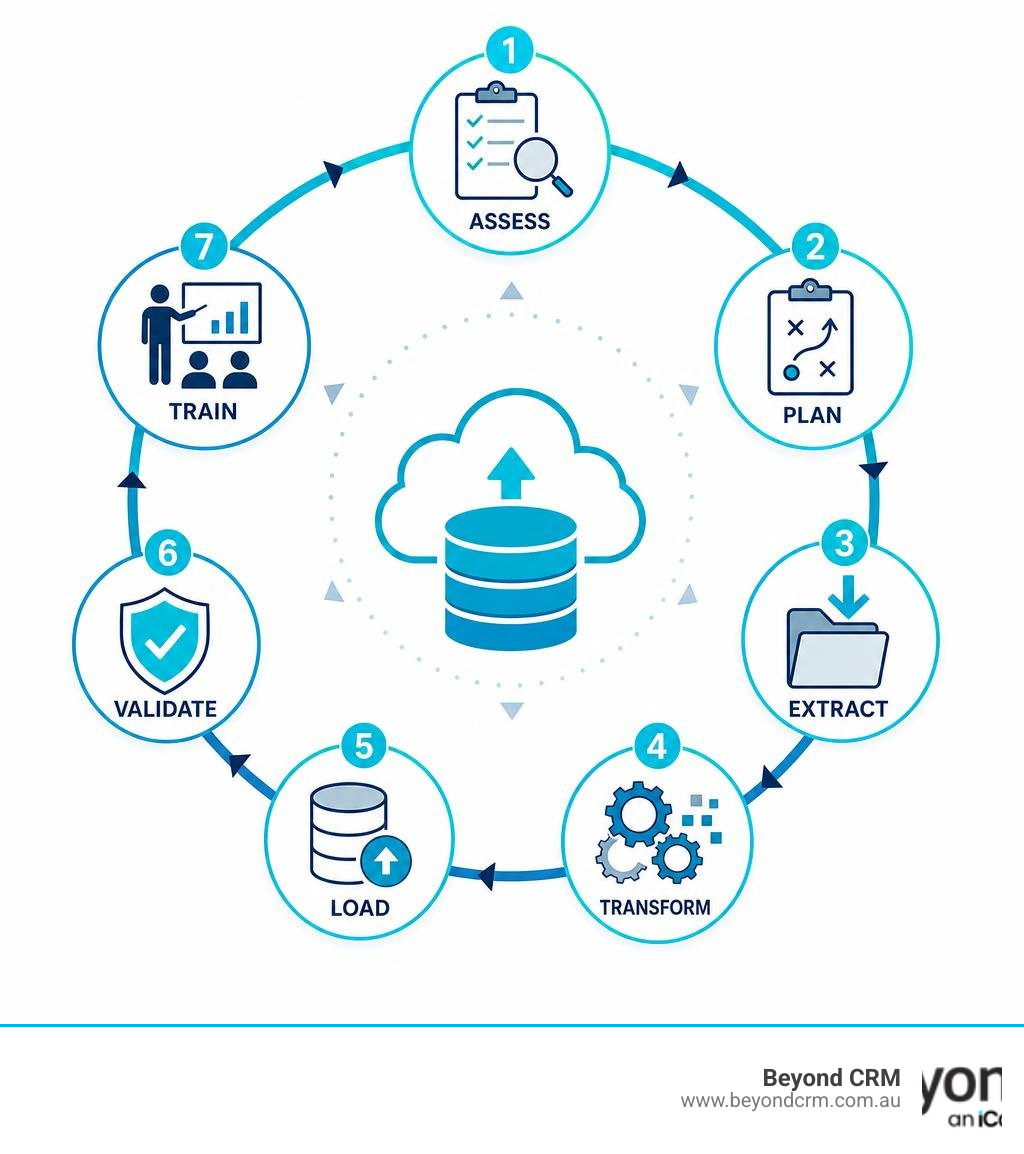 Dynamics 365 CRM data migration phases: assess, plan, extract, transform, load, validate, train infographic Dynamics 365 CRM data migration phases: assess, plan, extract, transform, load, validate, train infographic