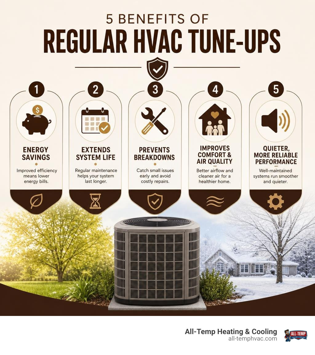 Infographic showing 5 benefits of regular HVAC tune-ups including energy savings, lifespan extension, and breakdown Infographic showing 5 benefits of regular HVAC tune-ups including energy savings, lifespan extension, and breakdown