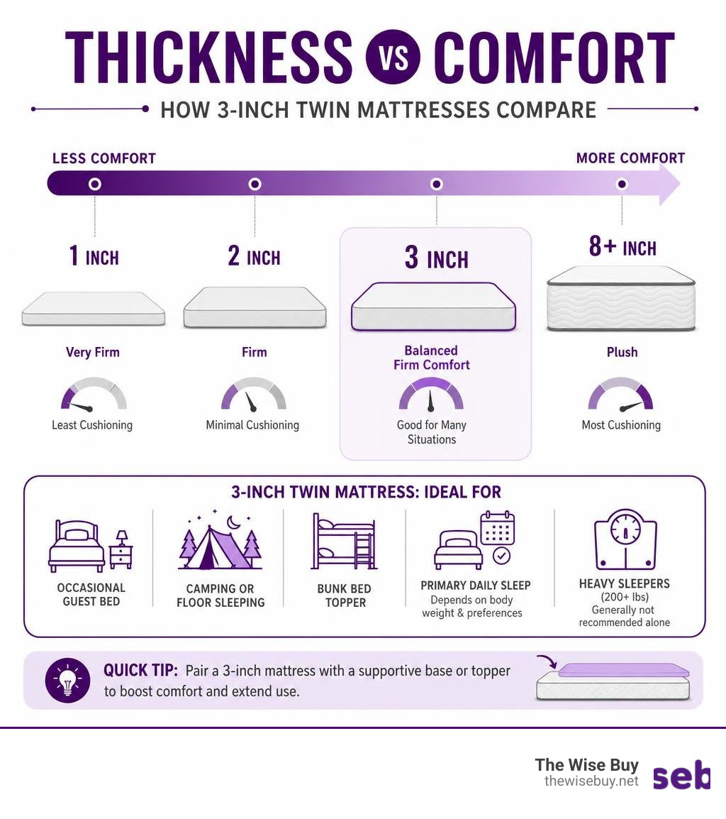 Thickness vs comfort scale infographic for 3-inch twin mattresses and how they compare infographic Thickness vs comfort scale infographic for 3-inch twin mattresses and how they compare infographic