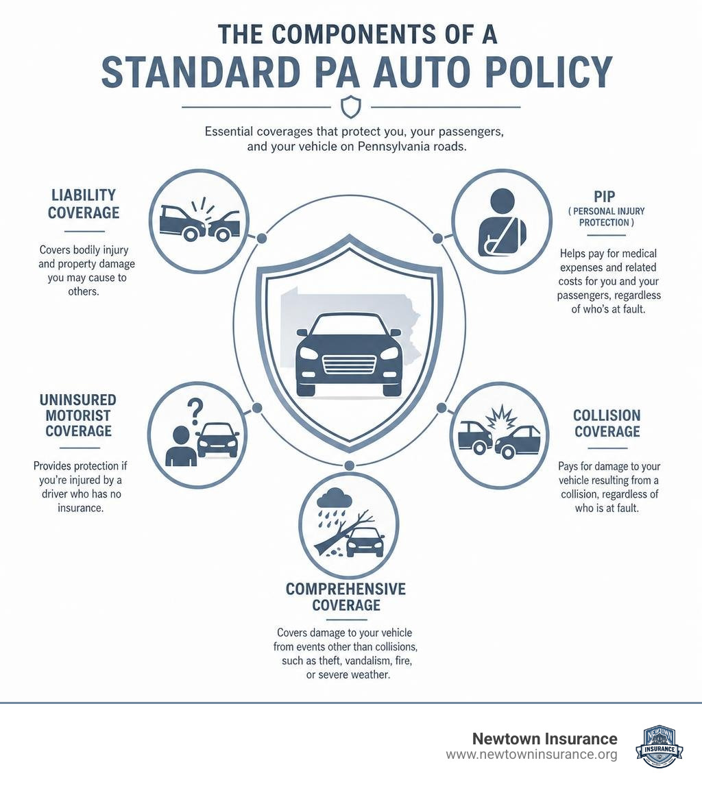 Infographic showing components of a standard PA auto policy including liability, PIP, uninsured motorist, collision, and Infographic showing components of a standard PA auto policy including liability, PIP, uninsured motorist, collision, and