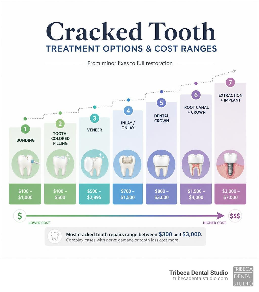 Infographic showing cracked tooth treatment options with cost ranges from bonding at $100 to implants at $7,000 infographic Infographic showing cracked tooth treatment options with cost ranges from bonding at $100 to implants at $7,000 infographic