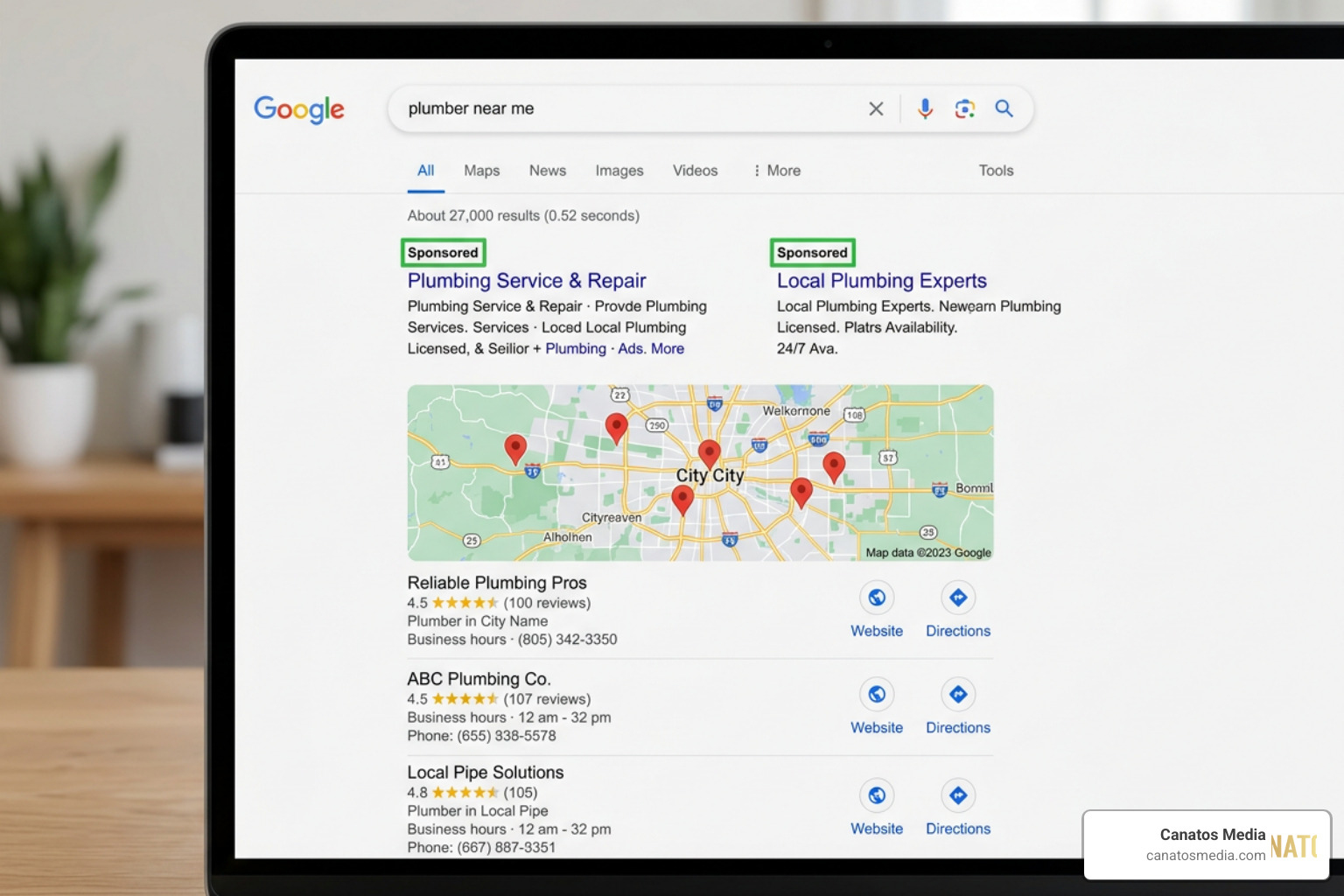 Localized Google search results showing map pack and sponsored ads