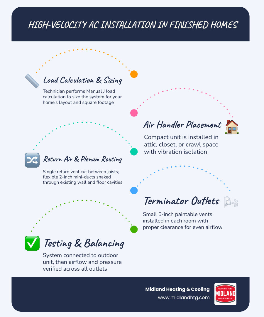 Infographic showing 7 steps of high-velocity AC installation in a finished home with mini-duct routing diagram infographic Infographic showing 7 steps of high-velocity AC installation in a finished home with mini-duct routing diagram infographic