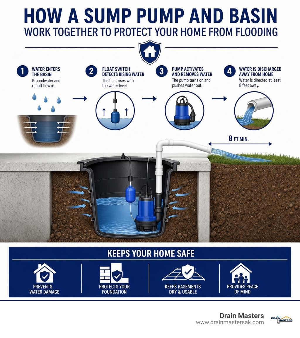 How a sump pump and basin work together to protect your home from flooding infographic