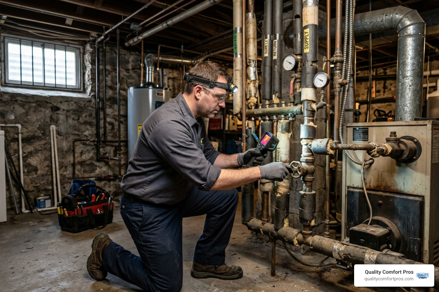 A technician inspecting old residential hydronic heating pipes in a basement