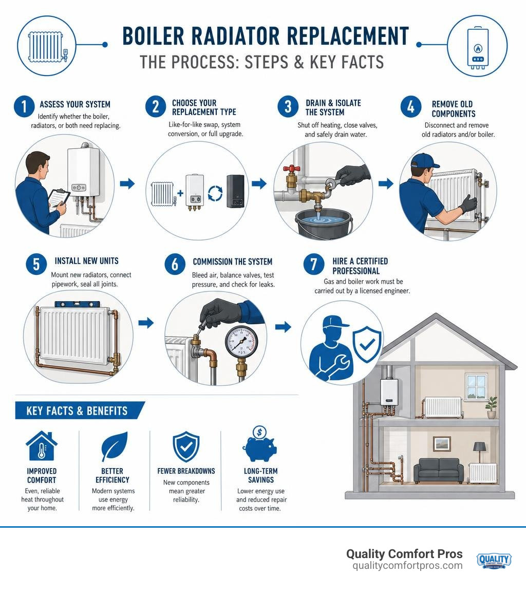 Infographic showing steps and key facts of boiler radiator replacement process infographic