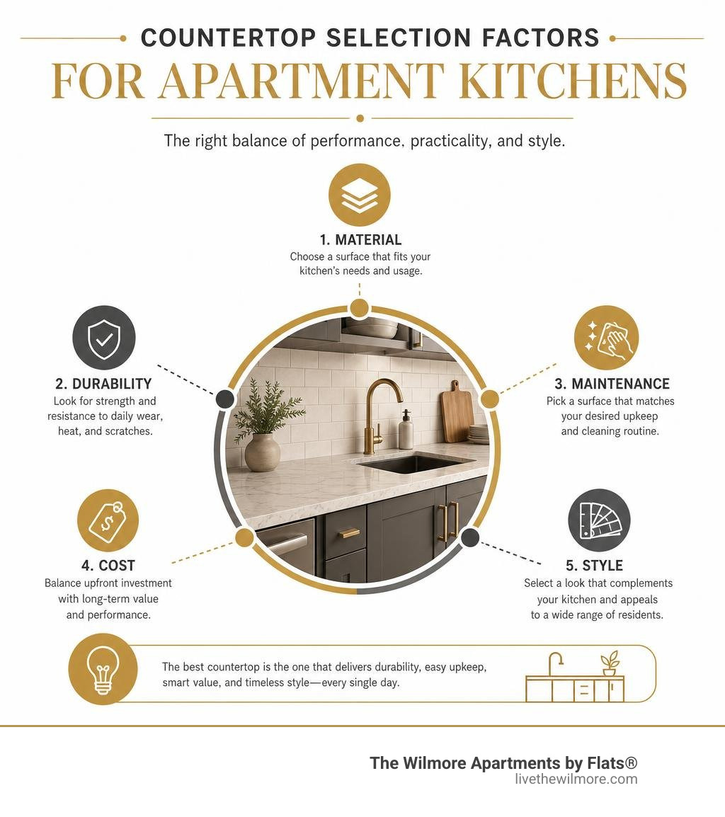 Countertop selection factors for apartment kitchens: material, durability, maintenance, cost, and style infographic Countertop selection factors for apartment kitchens: material, durability, maintenance, cost, and style infographic