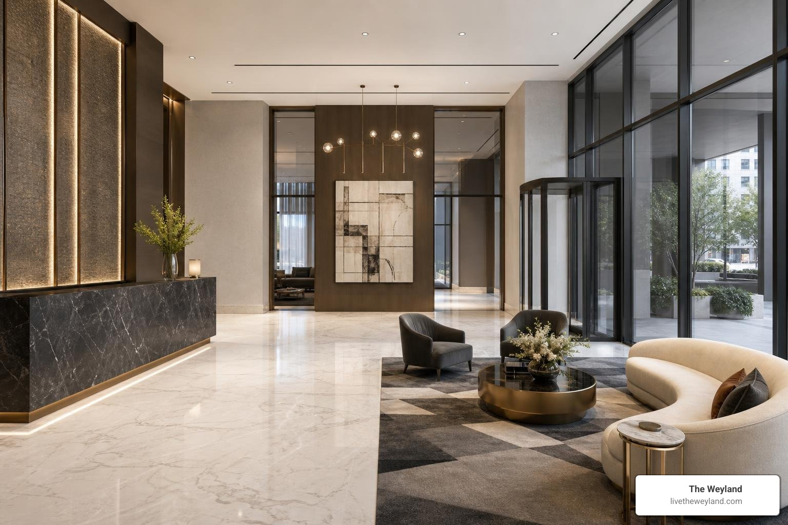 elegant modern luxury apartment building lobby with designer finishes