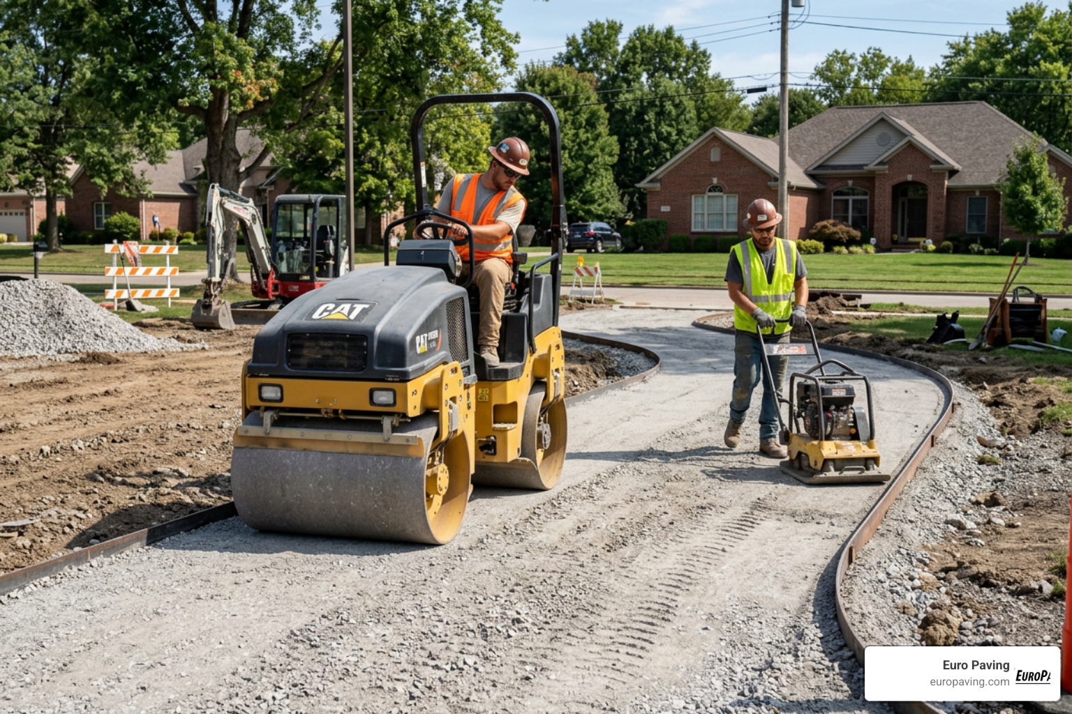 Professional paving crew using heavy compaction equipment to prepare a walkway base