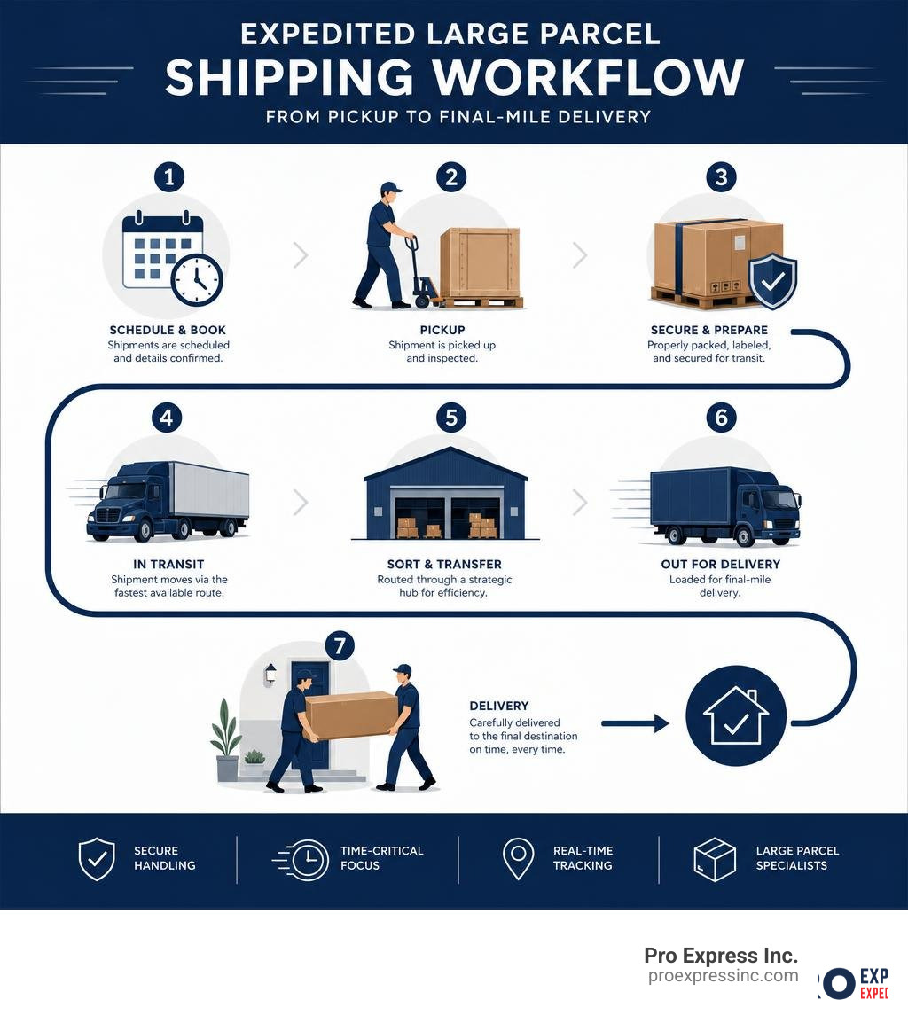 Infographic: Expedited large parcel shipping workflow from pickup to final-mile delivery infographic