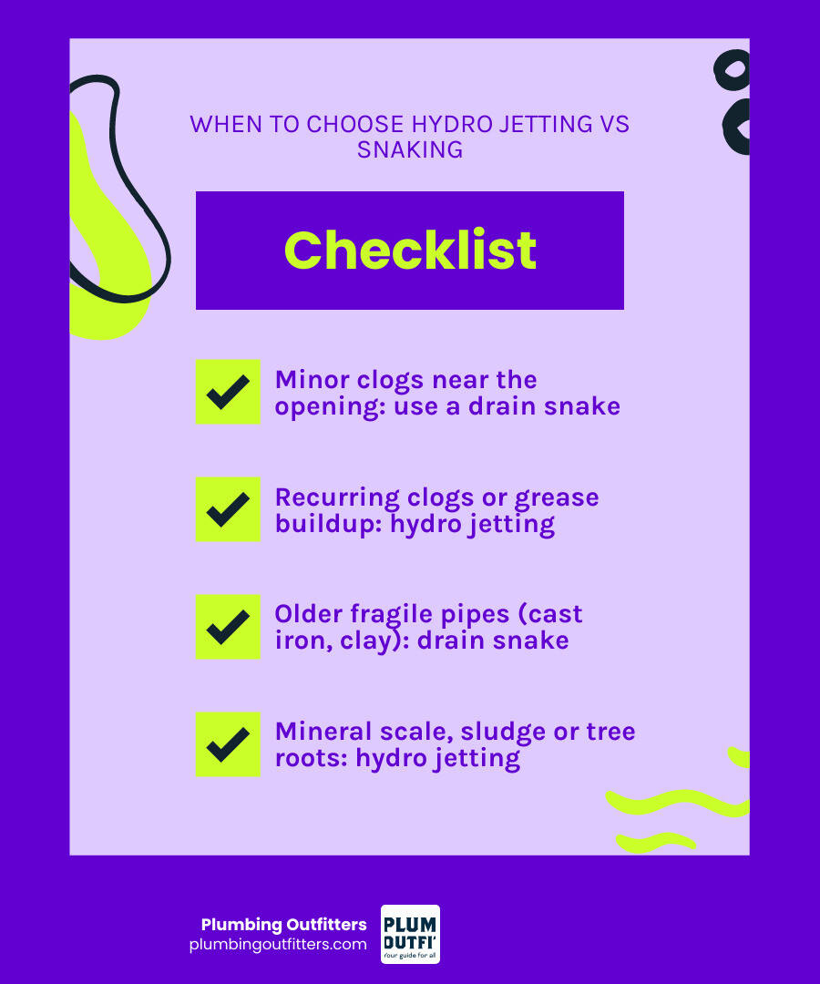 Infographic comparing hydro jetting vs drain snake: when to use each method, clog types, and pipe conditions infographic Infographic comparing hydro jetting vs drain snake: when to use each method, clog types, and pipe conditions infographic