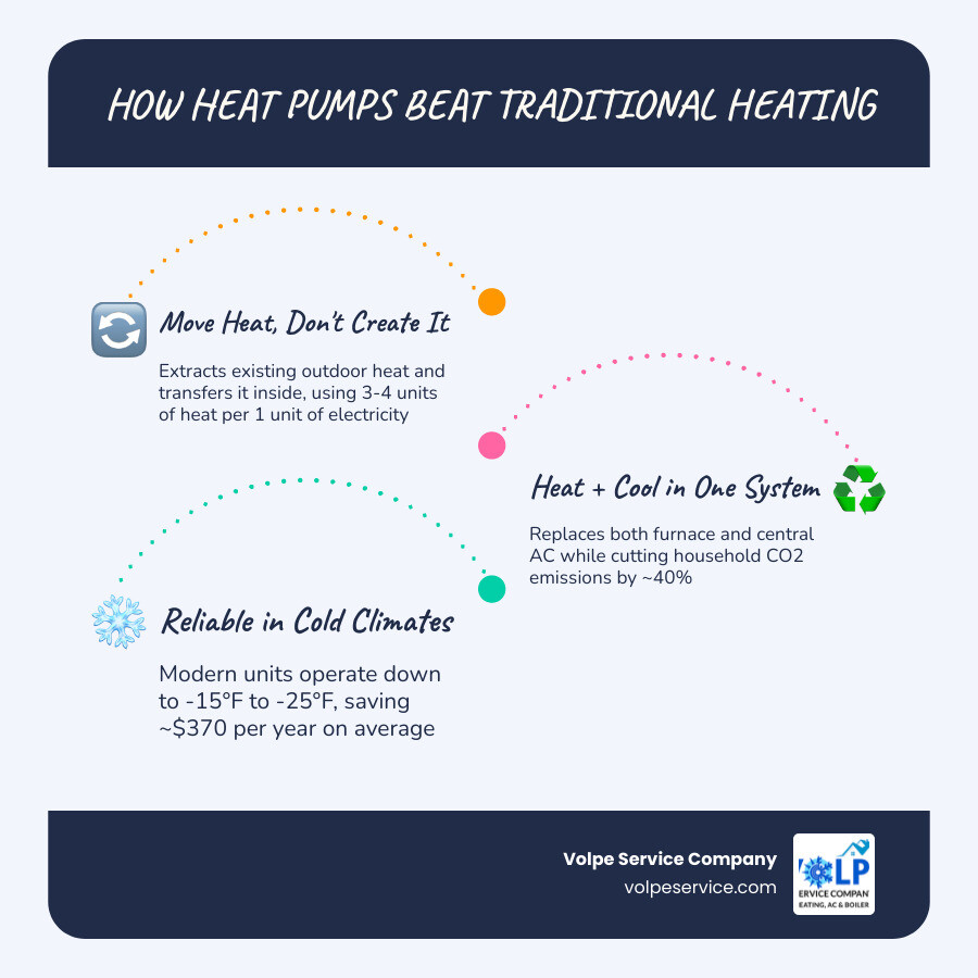 Infographic comparing heat pump vs traditional heating: efficiency, cost savings, emissions, lifespan, and cold-weather Infographic comparing heat pump vs traditional heating: efficiency, cost savings, emissions, lifespan, and cold-weather
