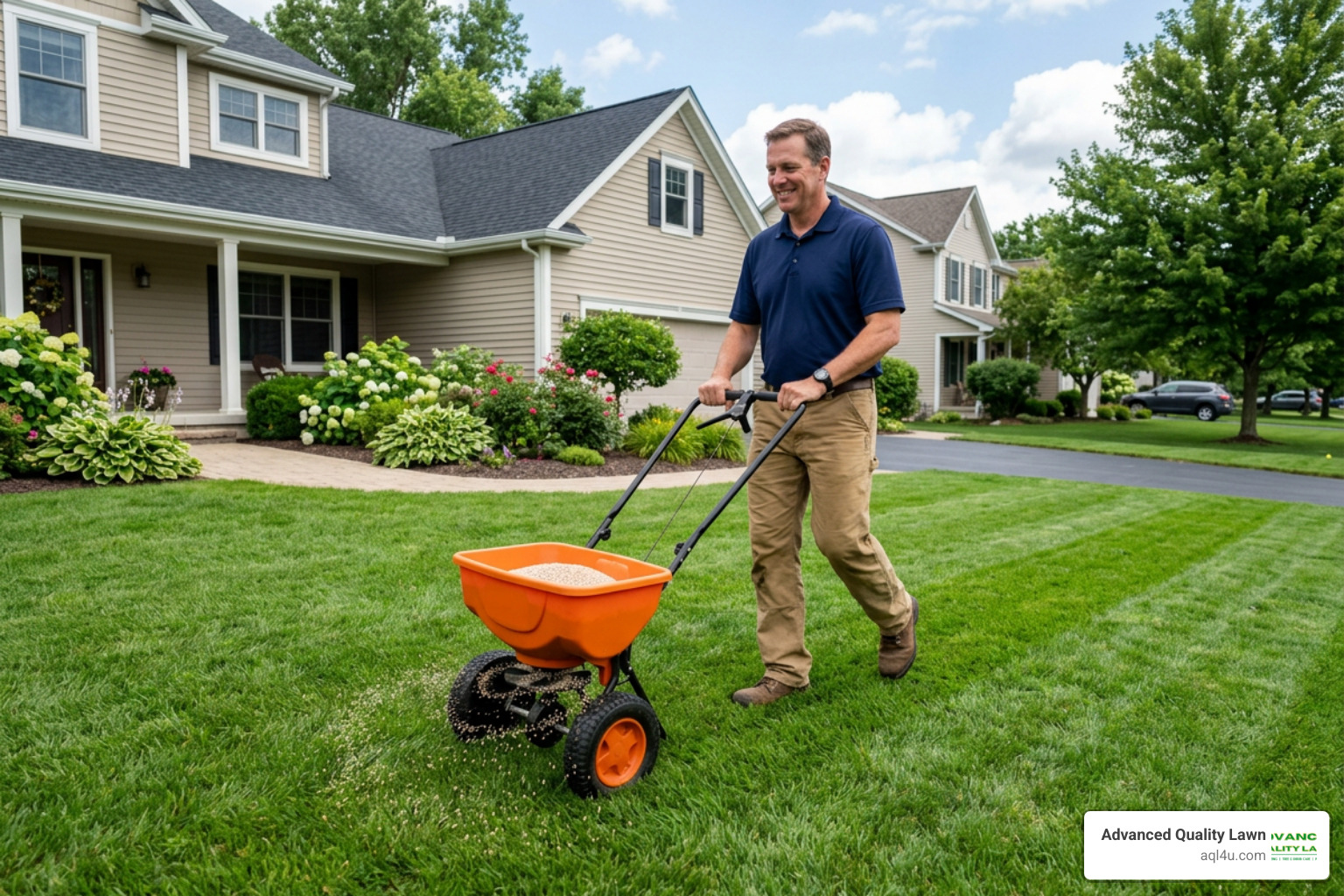 lawn spreader in use on green grass lawn spreader in use on green grass