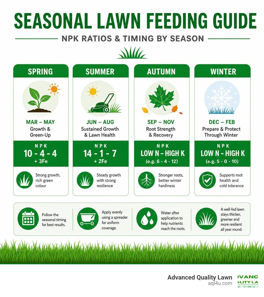 Seasonal lawn feeding guide showing NPK ratios and timing by season infographic Seasonal lawn feeding guide showing NPK ratios and timing by season infographic