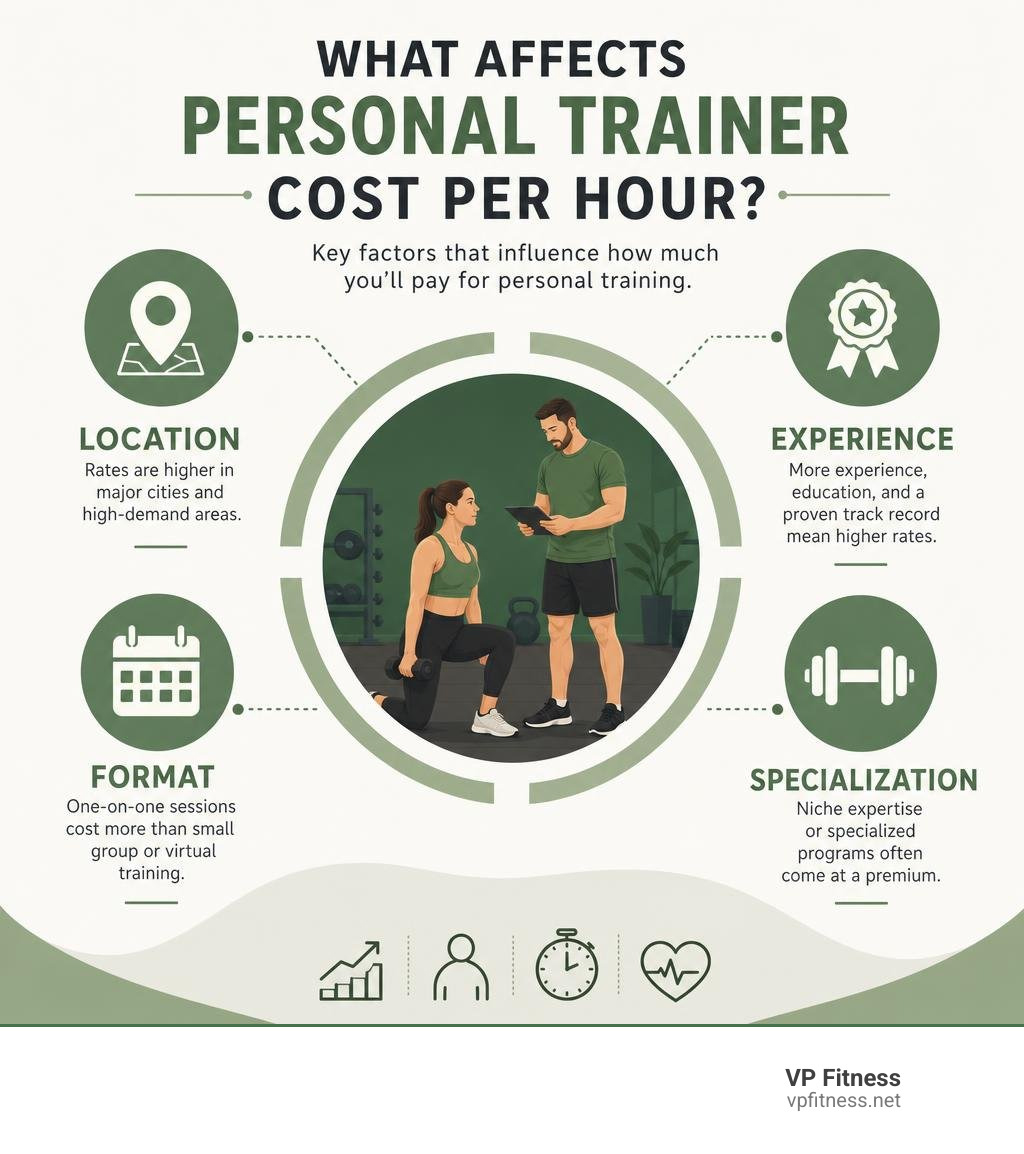 Infographic showing personal training cost factors including location, experience, format, and specialization infographic Infographic showing personal training cost factors including location, experience, format, and specialization infographic