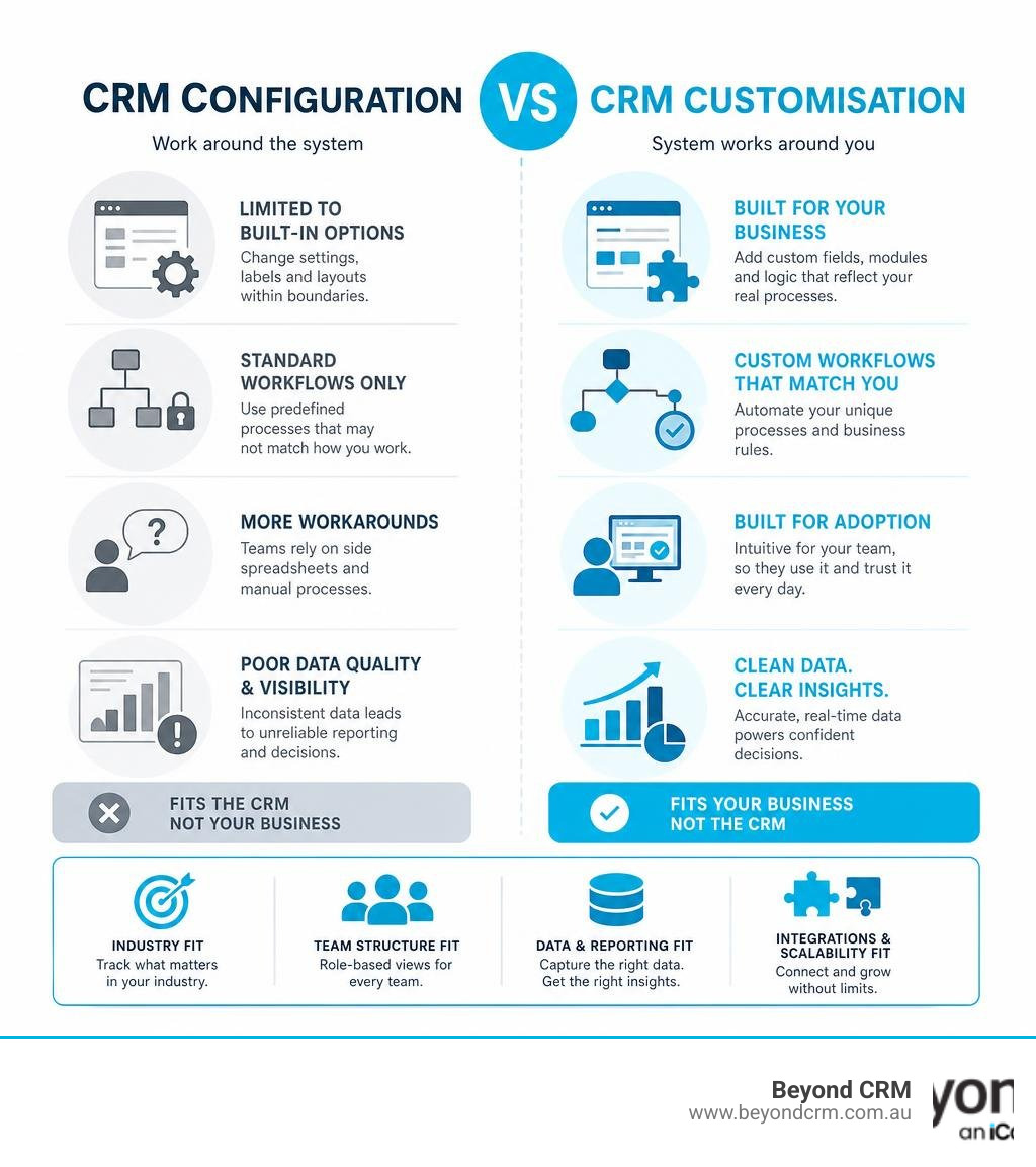 Diagram illustrating CRM configuration versus CRM customisation infographic Diagram illustrating CRM configuration versus CRM customisation infographic