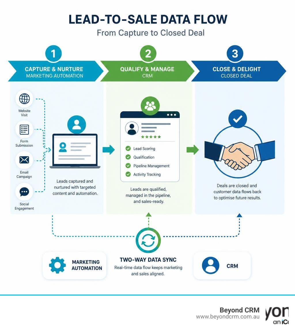 Infographic showing lead-to-sale data flow from marketing automation capture through CRM qualification to closed deal