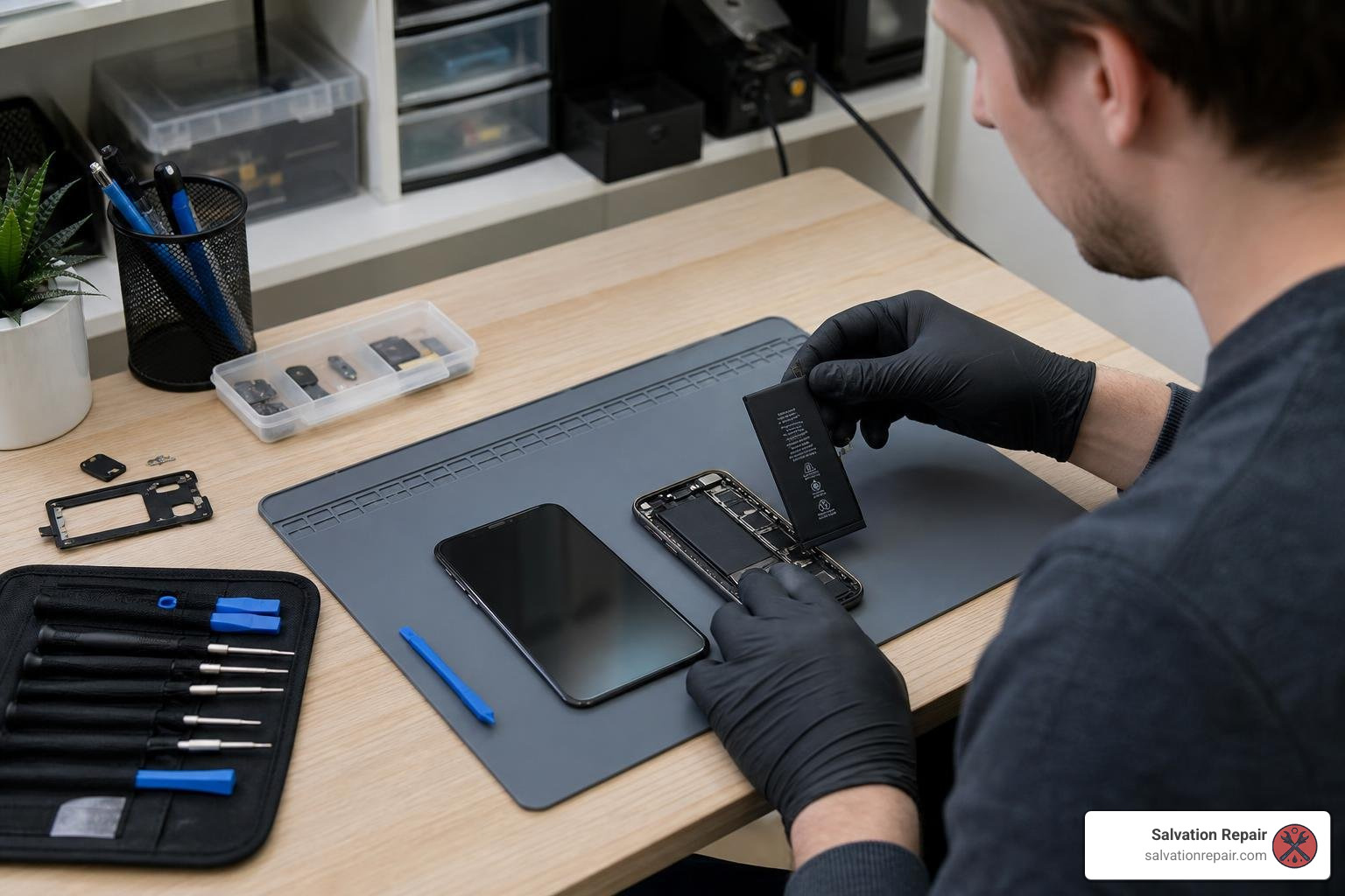 technician replacing a phone battery in a clean workspace technician replacing a phone battery in a clean workspace