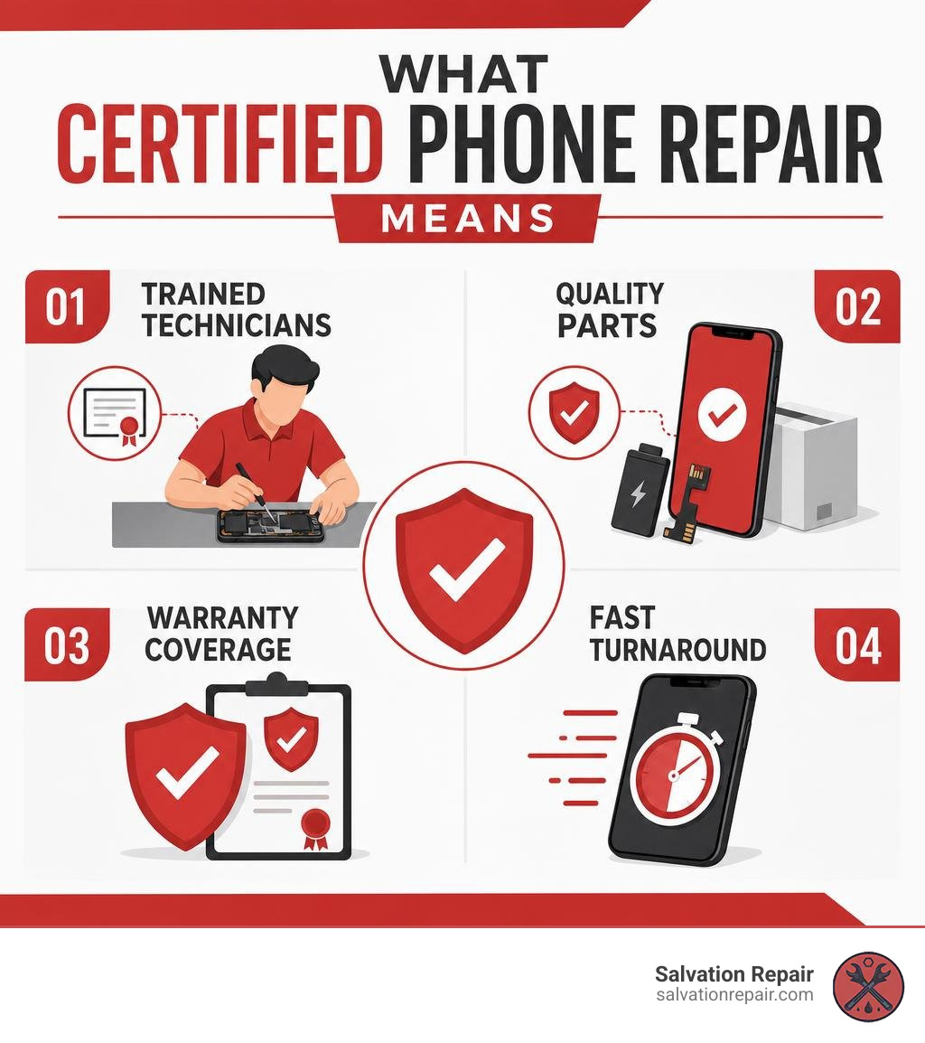 Infographic showing what certified phone repair means: trained technicians, quality parts, warranty coverage, and fast Infographic showing what certified phone repair means: trained technicians, quality parts, warranty coverage, and fast