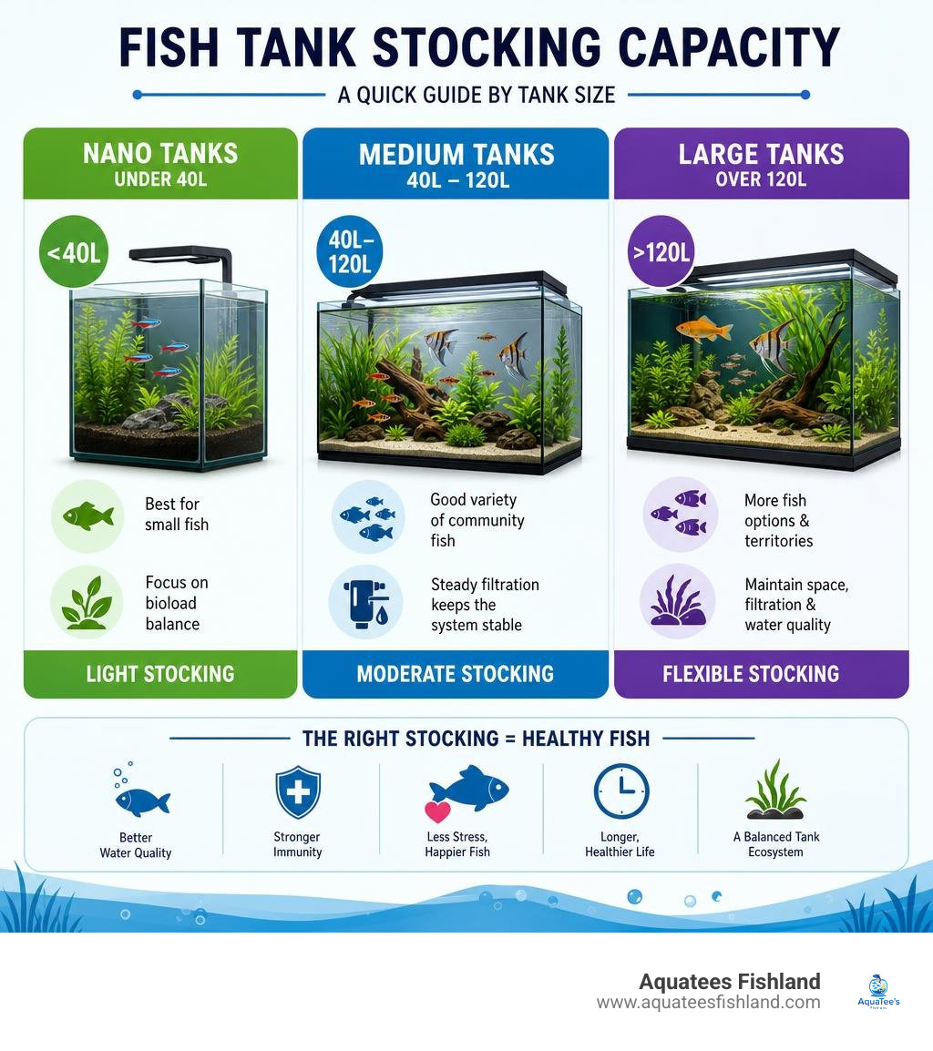 Infographic comparing stocking capacity across Nano tanks under 40L, Medium tanks 40 to 120L, and Large tanks over 120L