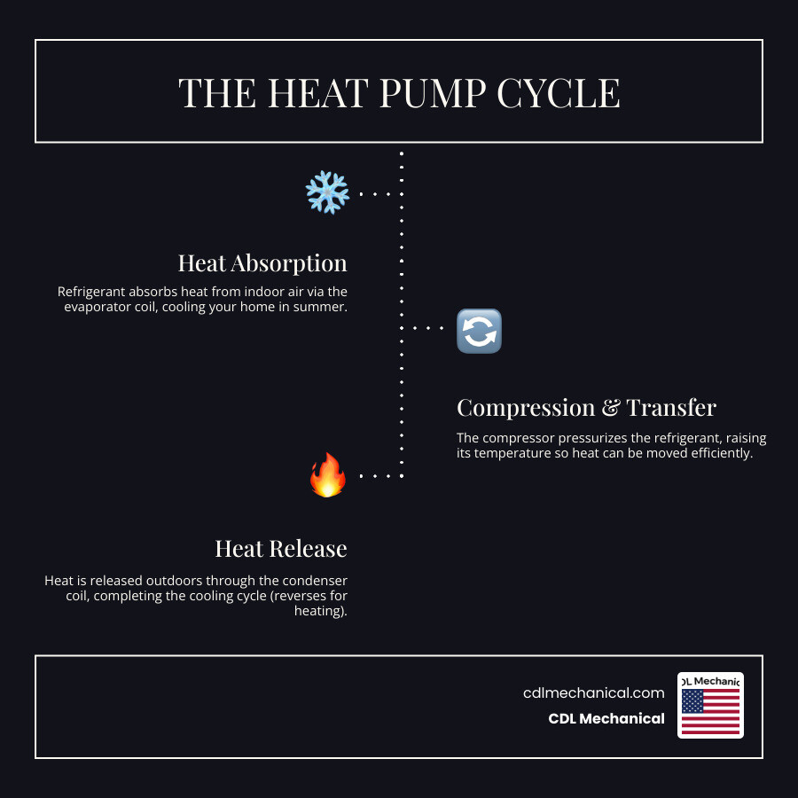 Infographic showing the basic heat pump cycle: heat absorbed indoors in summer released outdoors; reversed in winter