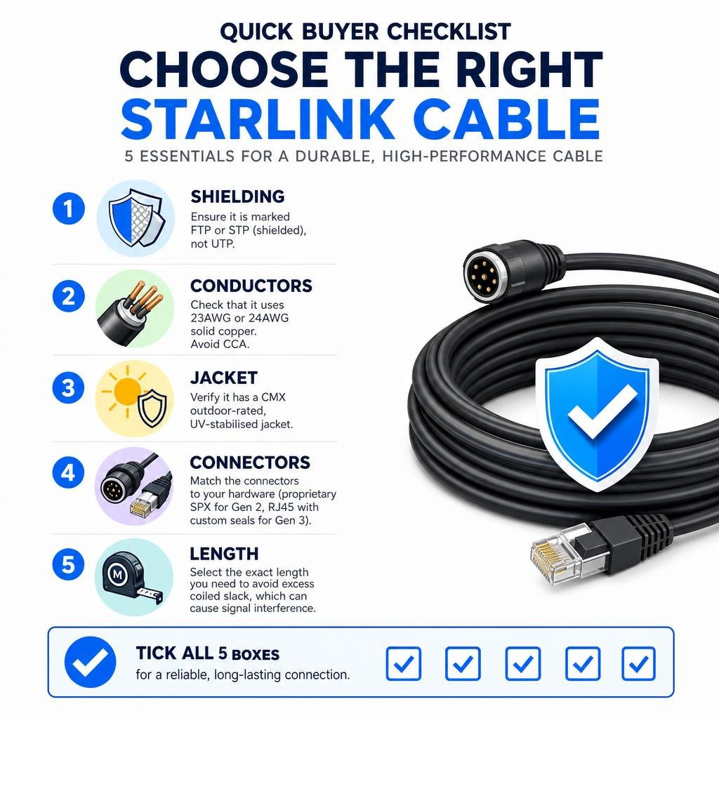 Infographic checklist for choosing a durable, high-performance Starlink replacement cable infographic Infographic checklist for choosing a durable, high-performance Starlink replacement cable infographic