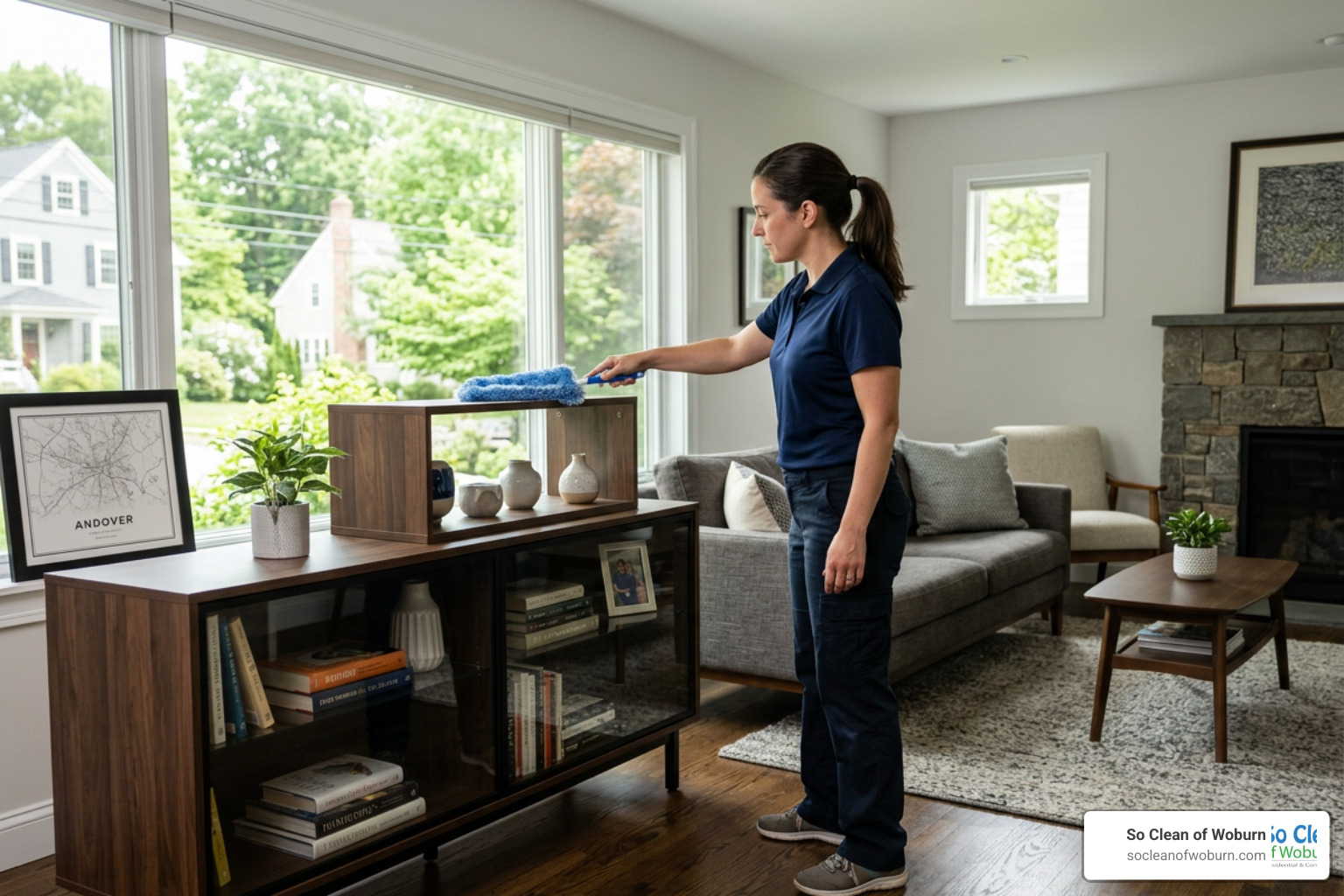 professional cleaner dusting a modern home in Andover MA