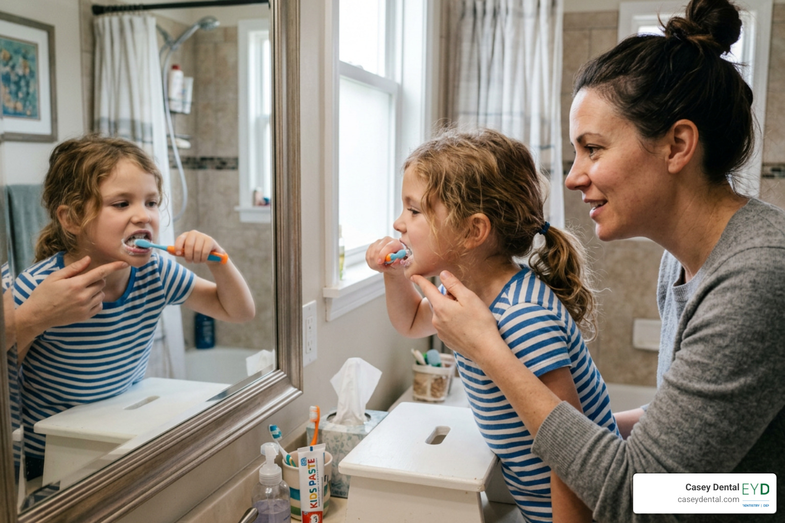 A child learning proper brushing techniques, showing how to clean hard-to-reach crooked teeth