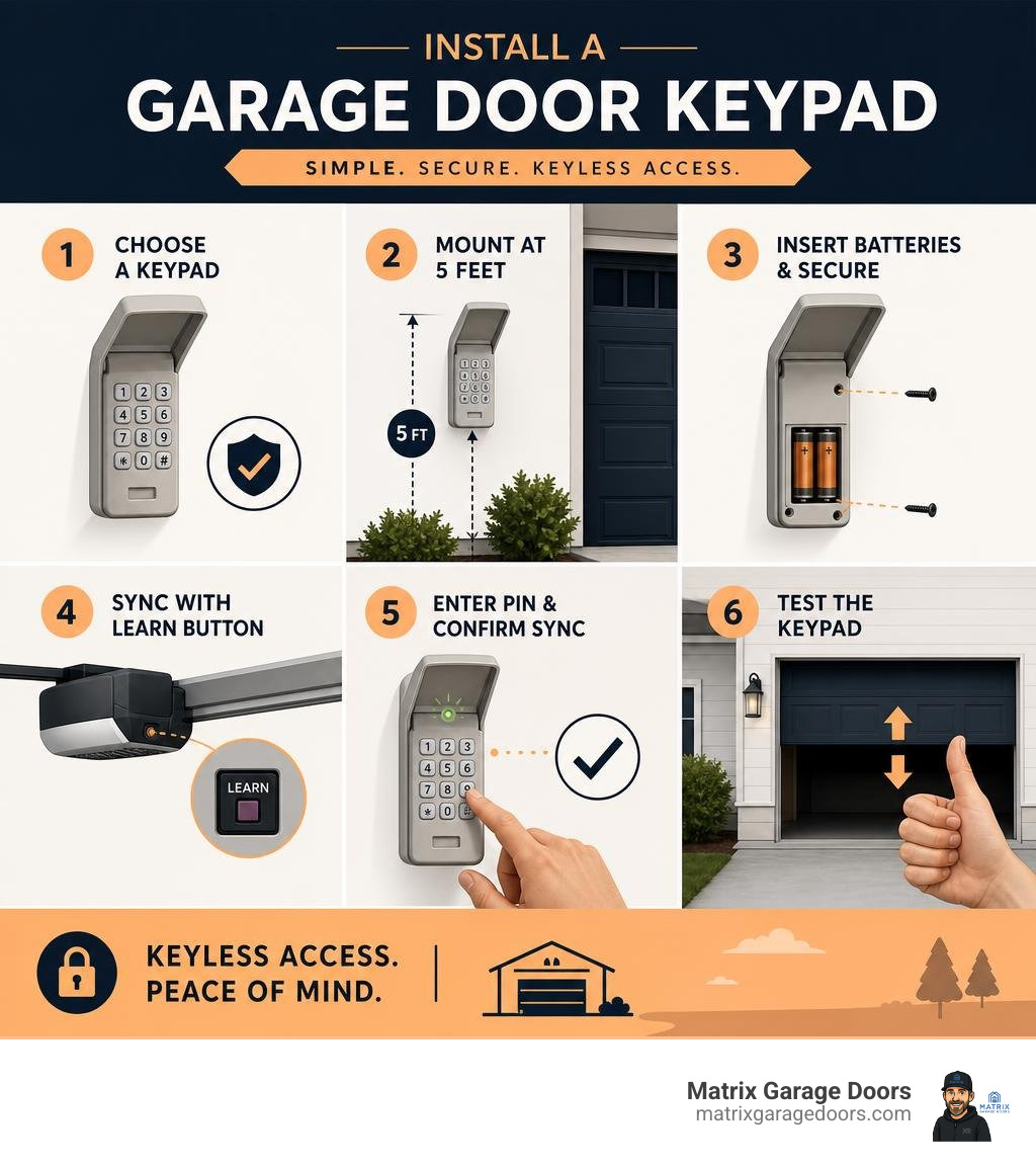 Step-by-step overview infographic for installing a garage door keypad: choose keypad, mount at 5ft, sync with Learn button Step-by-step overview infographic for installing a garage door keypad: choose keypad, mount at 5ft, sync with Learn button